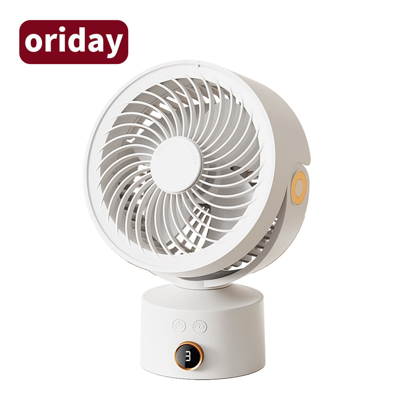 Oriday desktop circulation fan, small turbo table fan, USB rechargeable, with timer, silent, 3 speeds, 4000mAh, with 3D swing head for airflow, suitable for home and office use, Eastern style product.