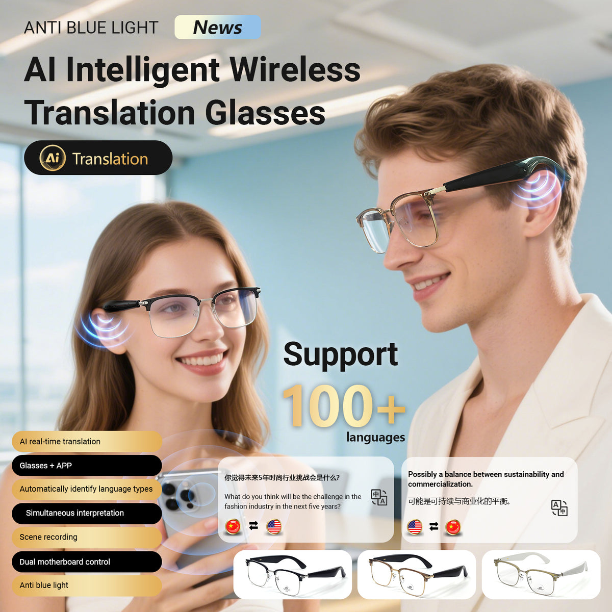 Oriday Multifunctional AI Translation Glasses|Voice Assistant + Remote Photography|UV400 UV Protection|Business & Leisure Use GY600