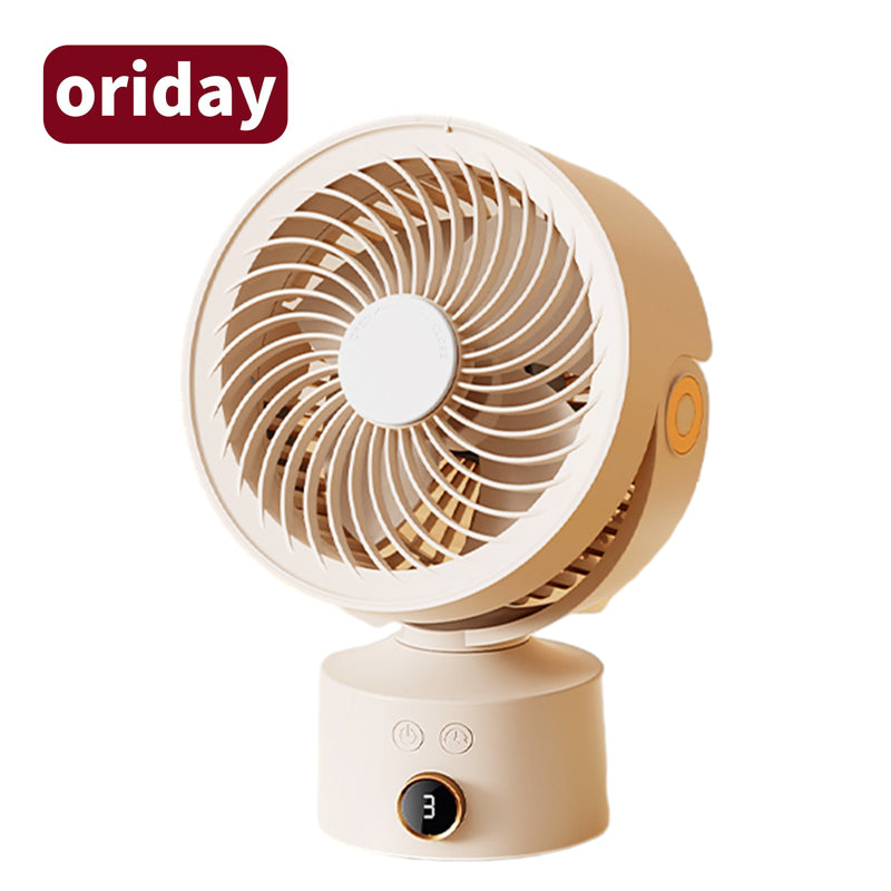 Oriday desktop circulation fan, small turbo table fan, USB rechargeable, with timer, silent, 3 speeds, 4000mAh, with 3D swing head for airflow, suitable for home and office use, Eastern style product.