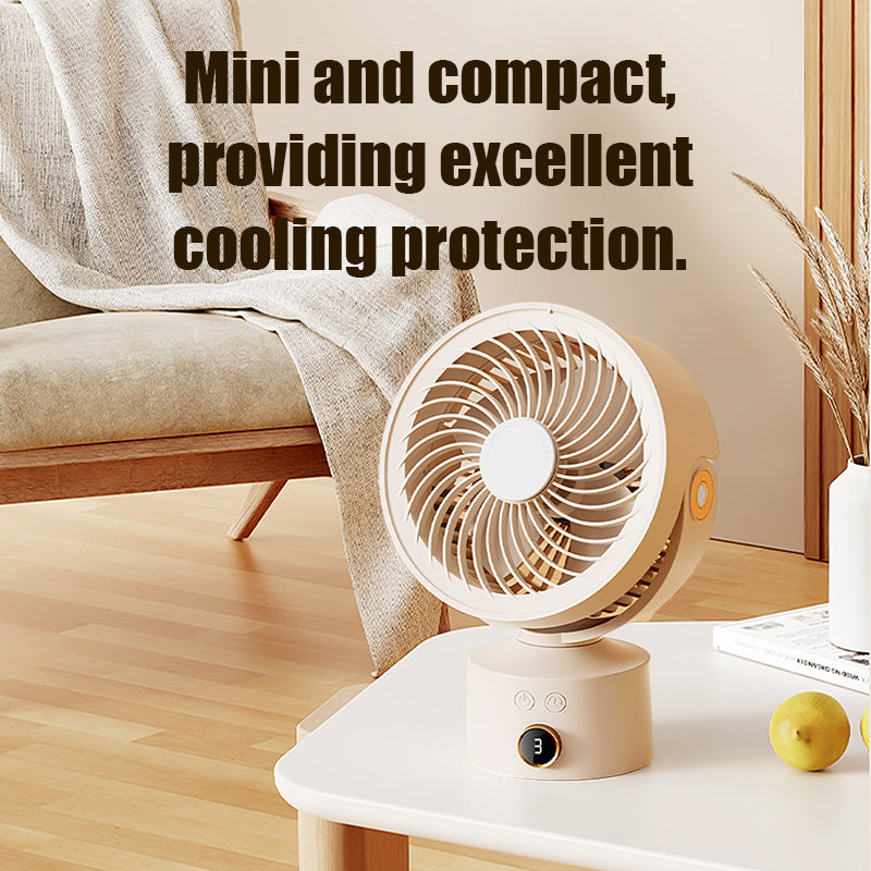 Oriday desktop circulation fan, small turbo table fan, USB rechargeable, with timer, silent, 3 speeds, 4000mAh, with 3D swing head for airflow, suitable for home and office use, Eastern style product.