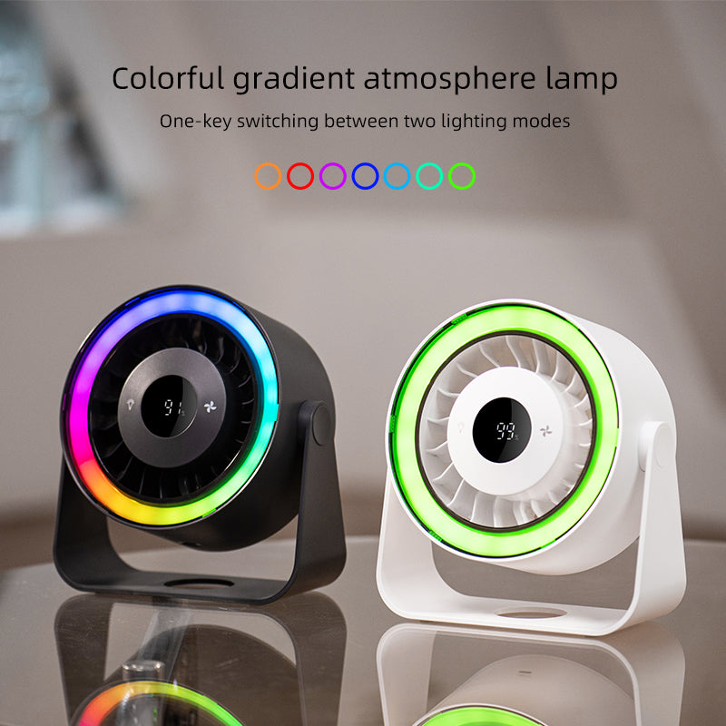 Oriday 2-in-1 Desk and Wall Fan, large capacity battery for long-lasting power, 5-speed quiet and strong wind, 3 adjustable light modes, adjustable angles and automatic oscillation, counterclockwise rotating fan cover for easy cleaning