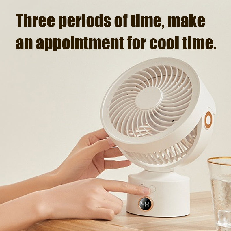 Oriday desktop circulation fan, small turbo table fan, USB rechargeable, with timer, silent, 3 speeds, 4000mAh, with 3D swing head for airflow, suitable for home and office use, Eastern style product.
