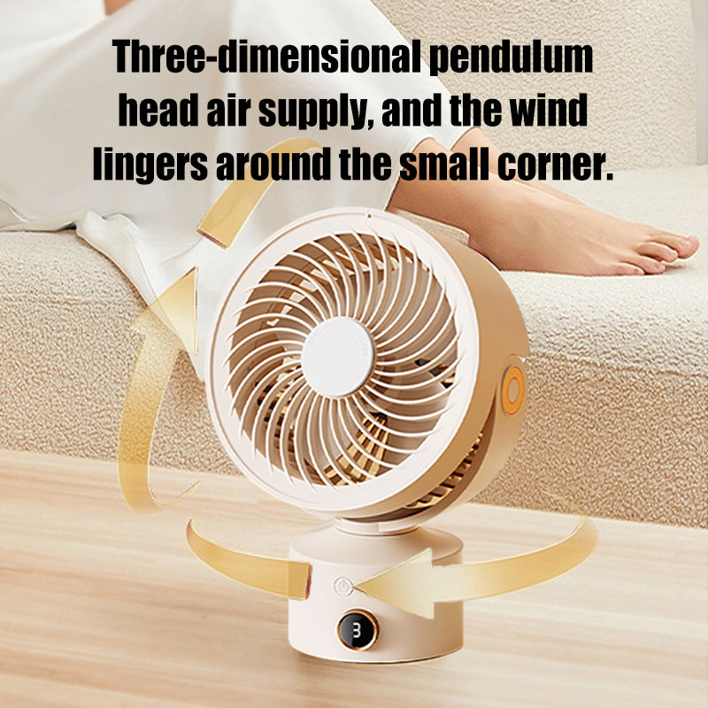 Oriday desktop circulation fan, small turbo table fan, USB rechargeable, with timer, silent, 3 speeds, 4000mAh, with 3D swing head for airflow, suitable for home and office use, Eastern style product.