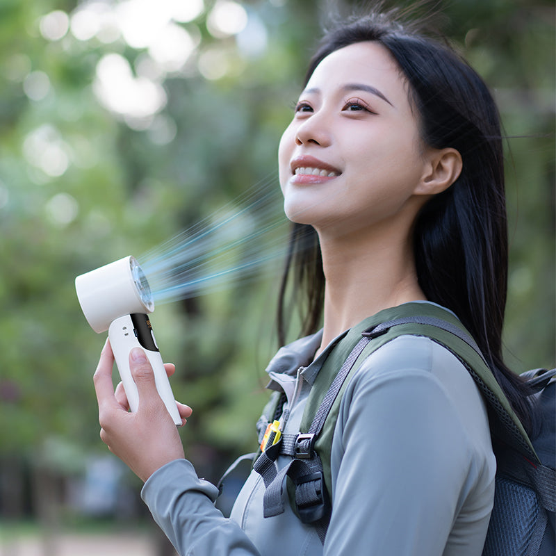 Oriday semiconductor handheld cooling fan – compact size, 100-speed levels, strong airflow, USB rechargeable, ultra-long battery life, high-speed cooling. Perfect for home, students, dormitories, offices, outdoor use, and portable on-the-go.