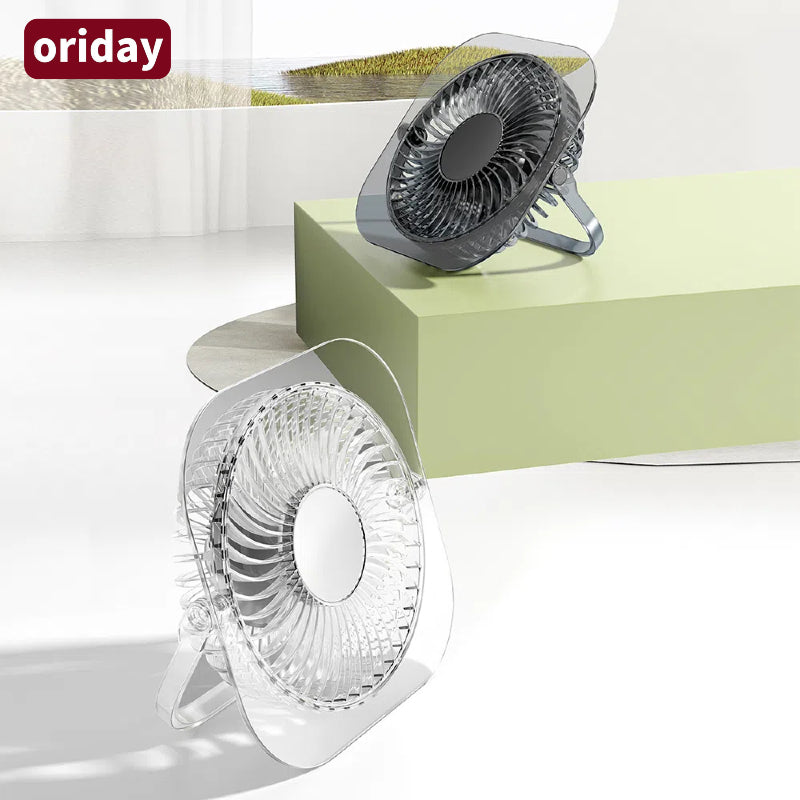 2025 New Transparent Desktop Mini Fan – Foldable, Silent, Ultra-thin, with Fan-shaped Night Light. Perfect for home, bedroom, student dormitory, and office desk use. By Oriday.