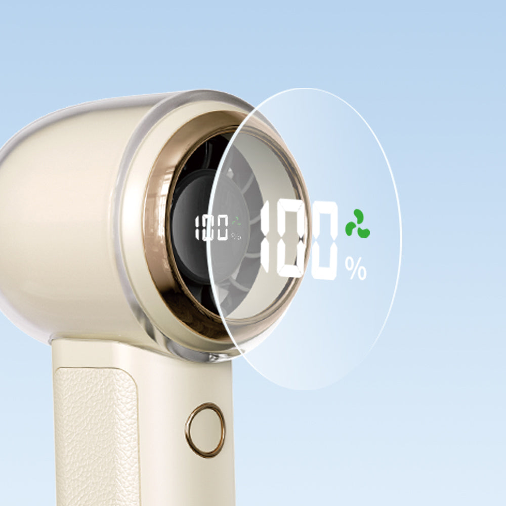 New high-speed digital display handheld outdoor fan with strong airflow, 100-level stepless speed adjustment, portable with long battery life, suitable for outdoor use, home, bedroom, office, desktop, and student dormitory.