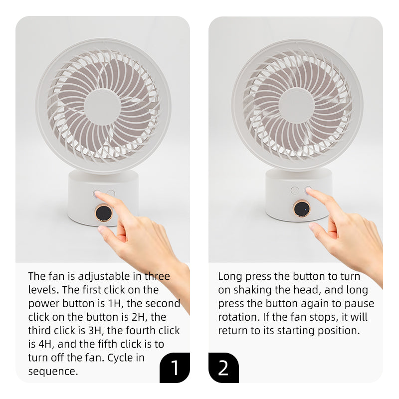 Oriday desktop circulation fan, small turbo table fan, USB rechargeable, with timer, silent, 3 speeds, 4000mAh, with 3D swing head for airflow, suitable for home and office use, Eastern style product.