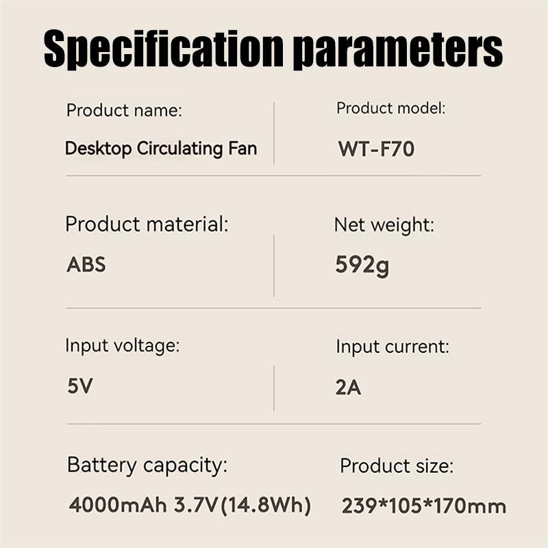 Oriday desktop circulation fan, small turbo table fan, USB rechargeable, with timer, silent, 3 speeds, 4000mAh, with 3D swing head for airflow, suitable for home and office use, Eastern style product.