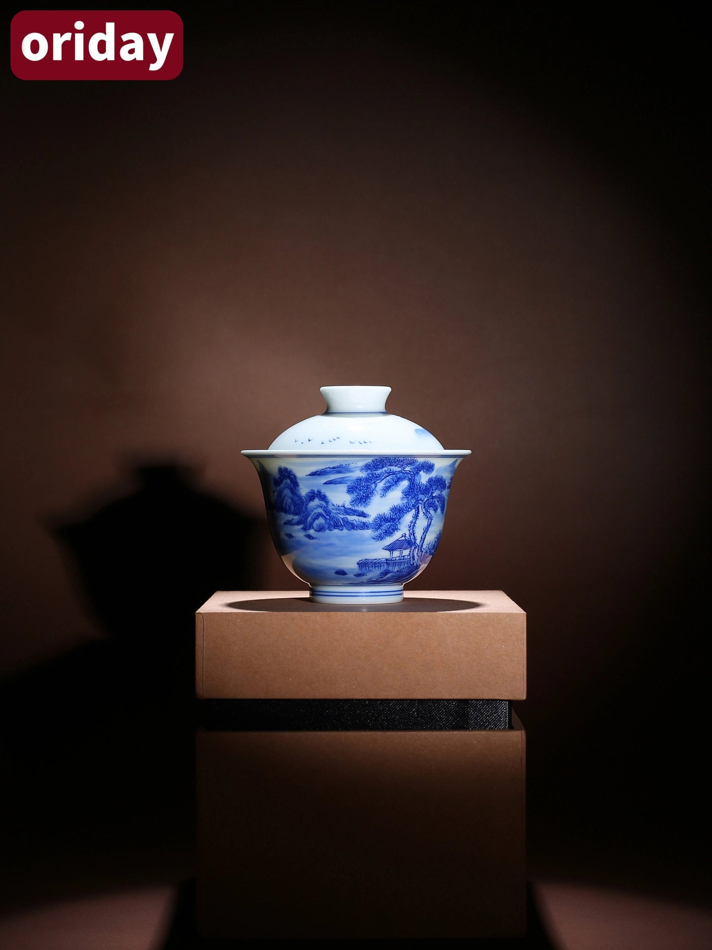 Oriday Hand-painted Blue and White Porcelain Landscape Gaiwan Small Kung Fu Ceramic Tea Set Recommended as Yancha Master Cup