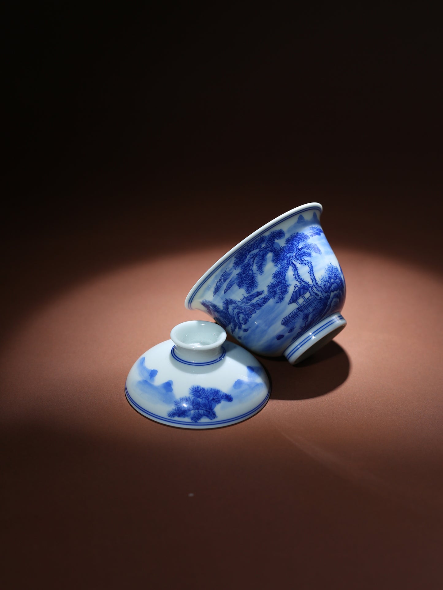 Oriday Hand-painted Blue and White Porcelain Landscape Gaiwan Small Kung Fu Ceramic Tea Set Recommended as Yancha Master Cup
