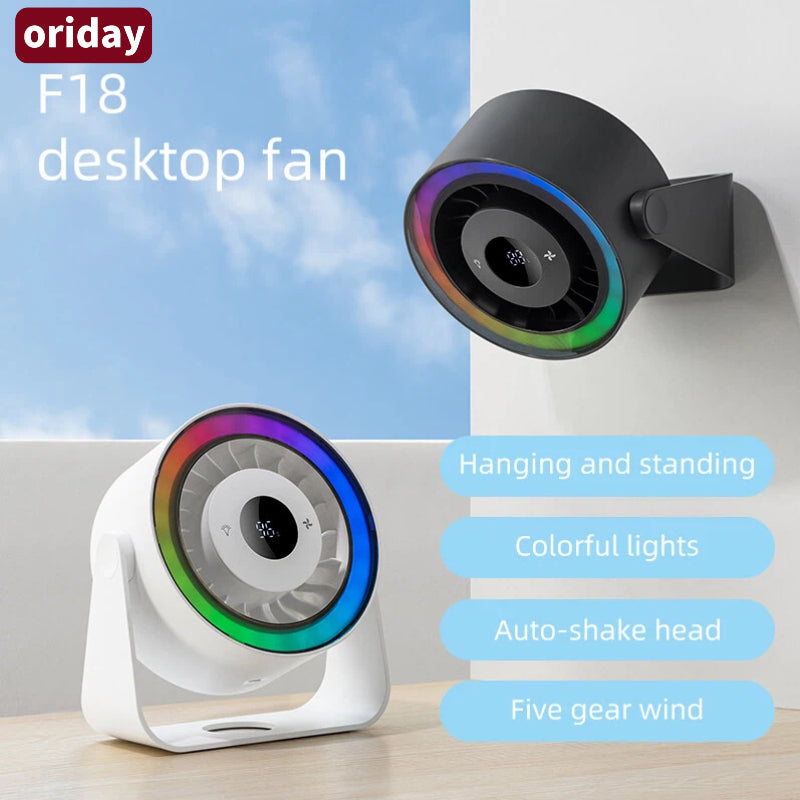 Oriday 2-in-1 Desk and Wall Fan, large capacity battery for long-lasting power, 5-speed quiet and strong wind, 3 adjustable light modes, adjustable angles and automatic oscillation, counterclockwise rotating fan cover for easy cleaning
