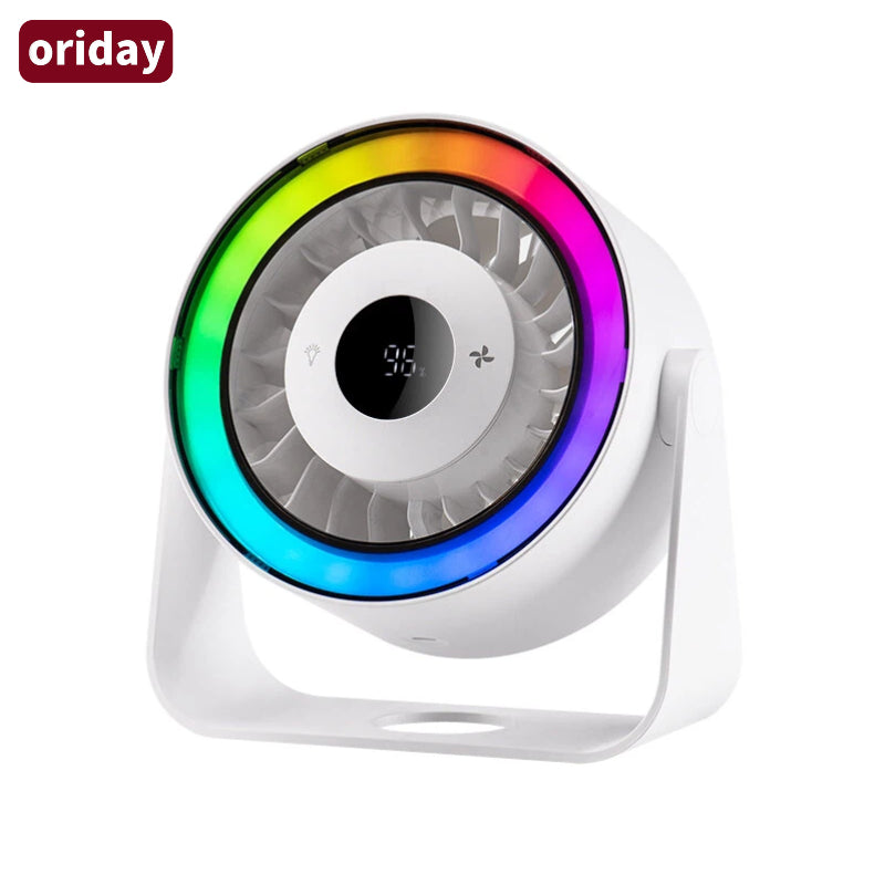 Oriday 2-in-1 Desk and Wall Fan, large capacity battery for long-lasting power, 5-speed quiet and strong wind, 3 adjustable light modes, adjustable angles and automatic oscillation, counterclockwise rotating fan cover for easy cleaning