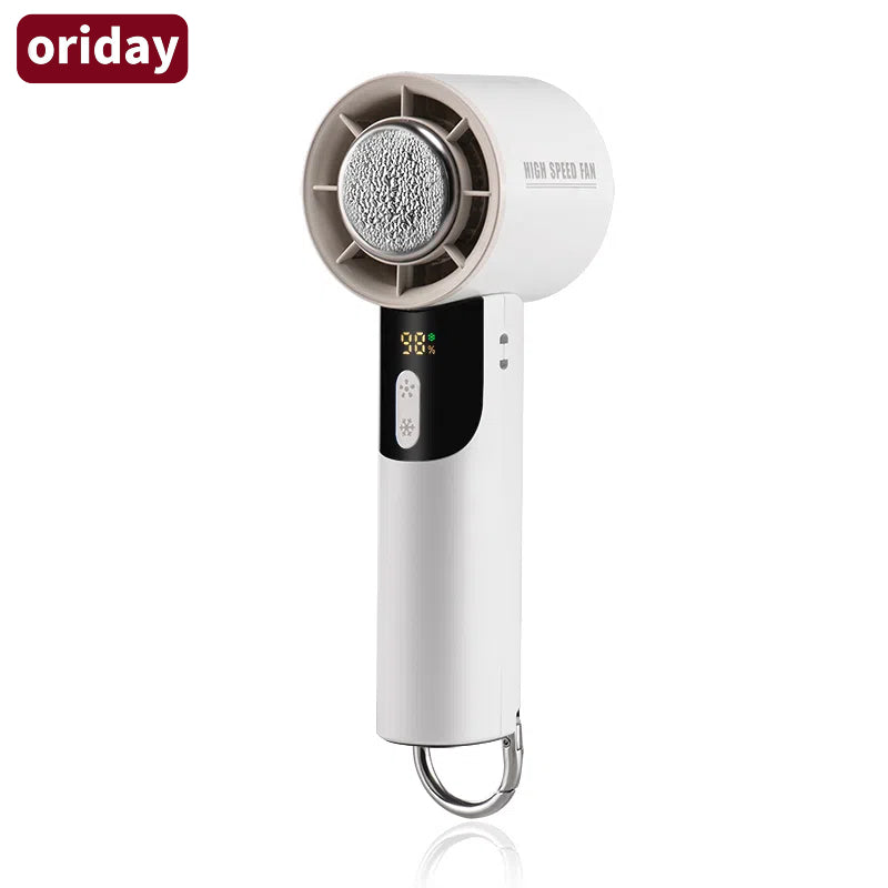 Oriday semiconductor handheld cooling fan – compact size, 100-speed levels, strong airflow, USB rechargeable, ultra-long battery life, high-speed cooling. Perfect for home, students, dormitories, offices, outdoor use, and portable on-the-go.