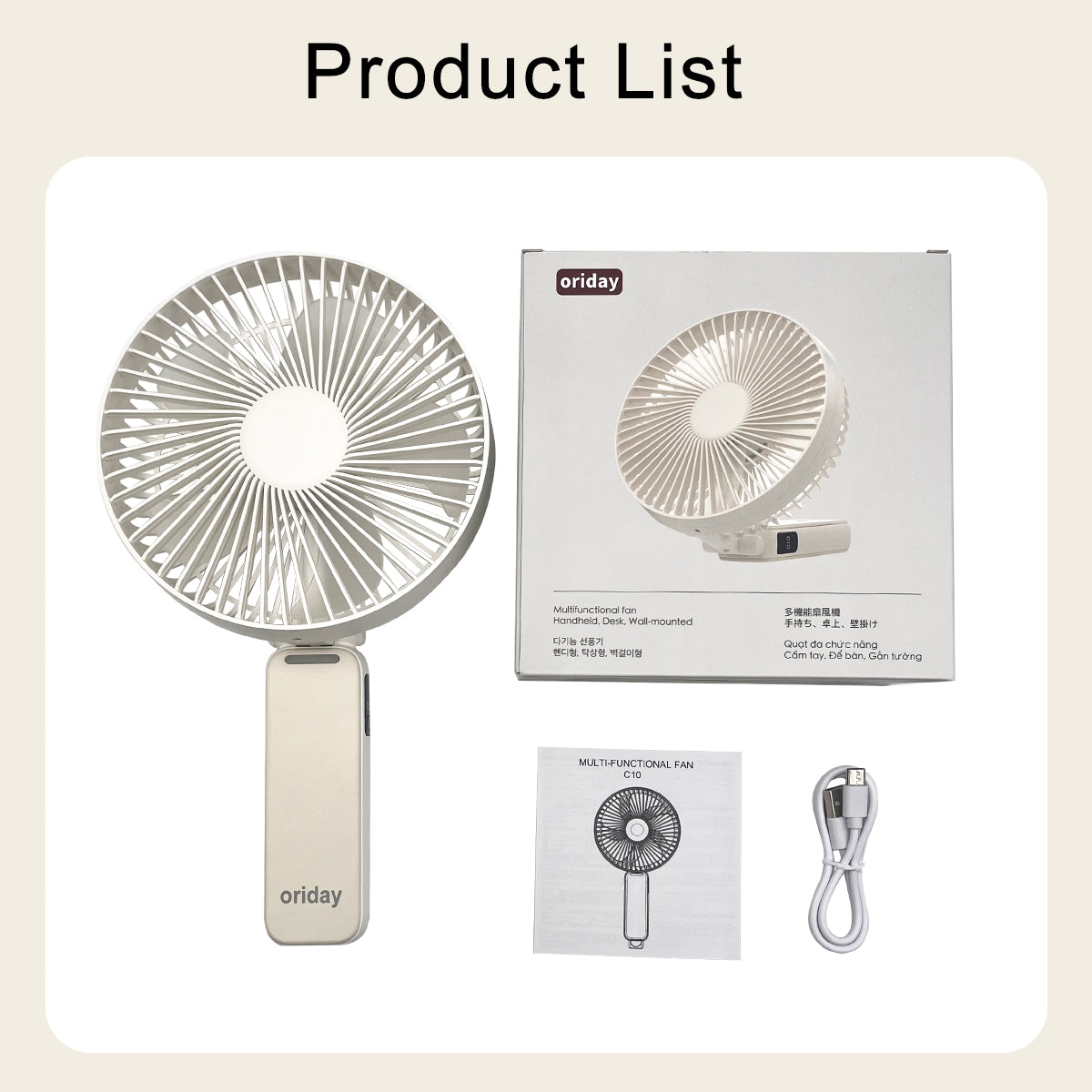 Oriday Multifunctional Handheld Fan, foldable with desk fan, 4-speed wind adjustment, quiet, 3600mAh long-lasting battery, Type-C fast charging, 3-in-1 use (handheld, wall-mounted, or desk fan)
