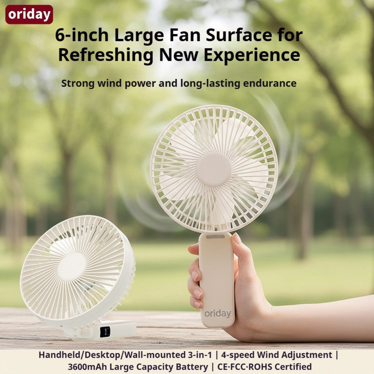 Oriday Multifunctional Handheld Fan, foldable with desk fan, 4-speed wind adjustment, quiet, 3600mAh long-lasting battery, Type-C fast charging, 3-in-1 use (handheld, wall-mounted, or desk fan)

