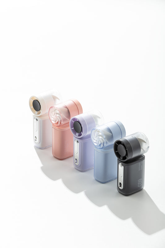 Oriday handheld mini high-speed fan with four-speed precise airflow control, quiet operation, lightweight 113g portable design, 3000mAh battery, Type-C fast charging, long battery life, durable ABS material
