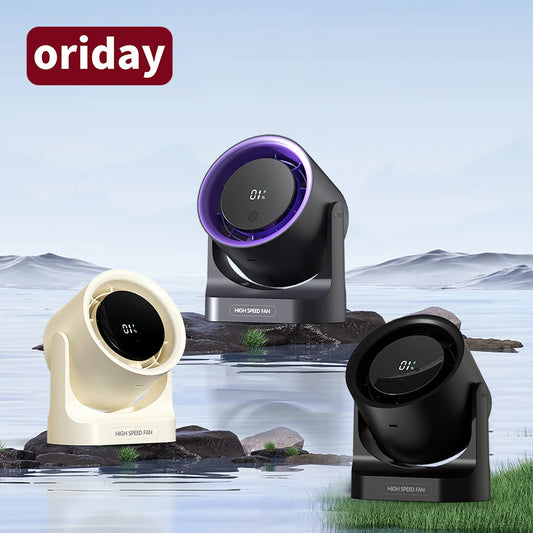 Oriday 數顯高速桌面風扇｜循環送風・超強續航・遙控定時・免打孔壁掛・宿舍／辦公室／廚房適用