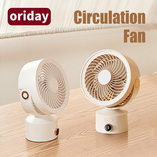 Oriday 小型桌面循環風扇｜渦輪靜音設計・USB充電定時搖頭・4000mAh三檔送風・家用／辦公室適用