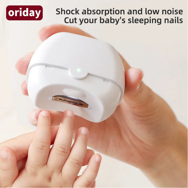 Oriday電動指甲刀磨甲器 - 剪磨一體設計，合金刀頭 & 三重安全防護 | 靜音減震設計，寶寶安睡中也能剪指甲 | 背部收納＆燈光輔助