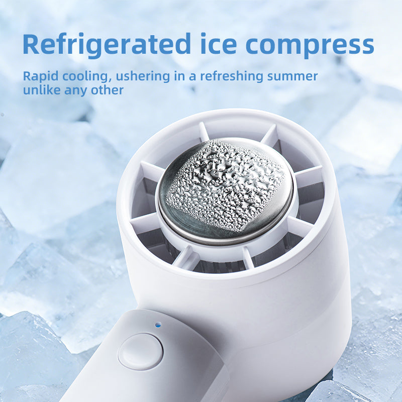 Oriday portable cooling fan with ultra-fast cooling in 3 seconds, dual cooling effect with ice packs, 3 speed levels, portable and stand-up phone holder, Type-C fast charging, long battery life, essential for outdoor activities and commuting.
