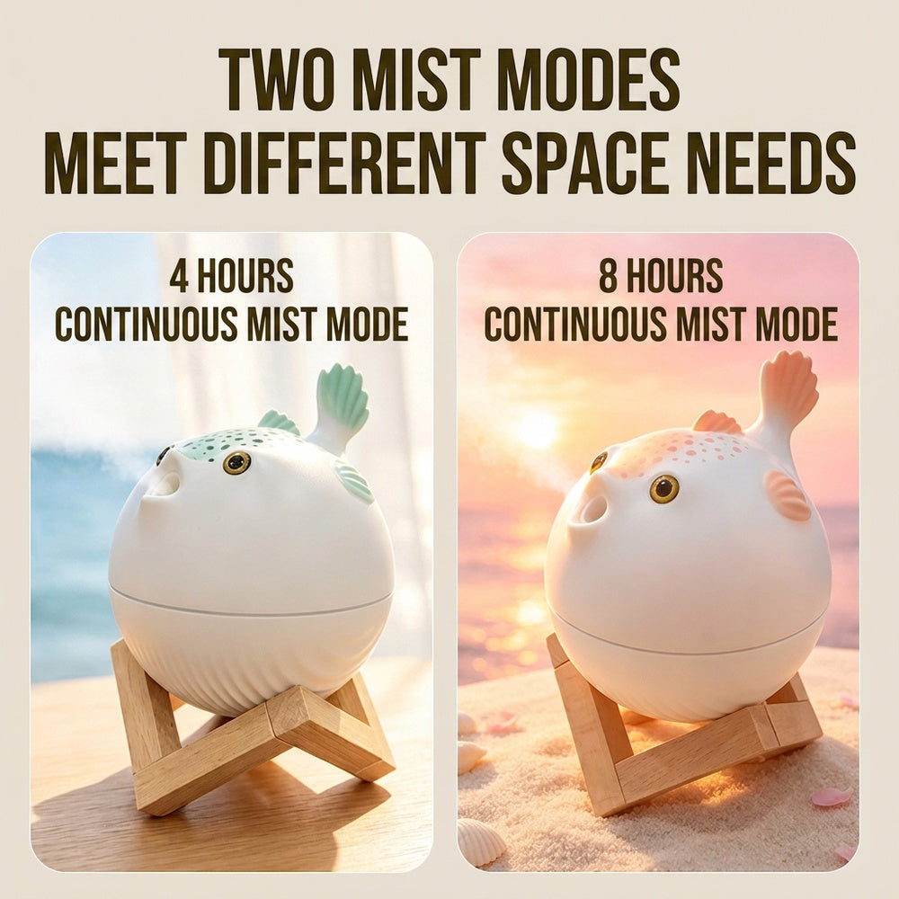 Oriday Cute Pufferfish Humidifier with 7-Color Night Light | 260ml Large Capacity・Dual Fine Mist Modes・Quiet Operation・USB‑C Powered | Bedroom, Office and Desktop Décor