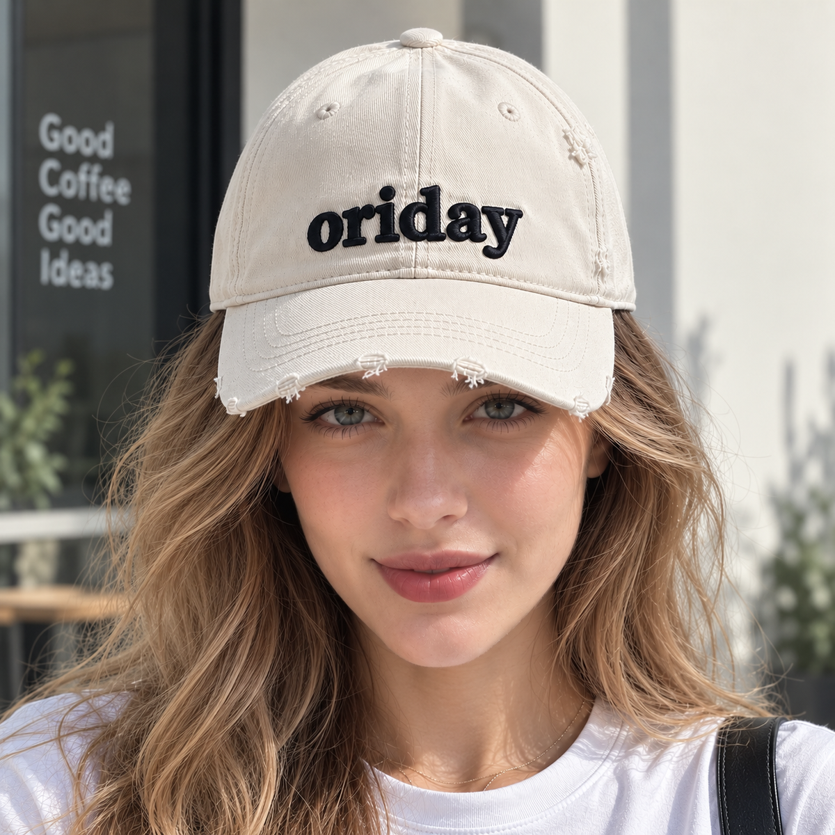 ORIDAY Washed Distressed Baseball Cap | Light Gray Beige · Black 3D Letter Embroidery · Soft Unstructured Crown · Adjustable Back Strap with Metal Buckle | Casual Everyday Style