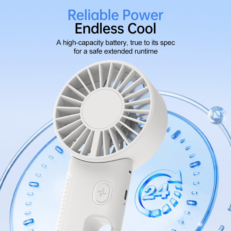 Oriday Handheld Fan, 4-speed precise wind control, silent 6-blade magnetic motor, wearable around the neck, handheld or attachable to bags, 142g lightweight, foldable, 2000mAh battery.
