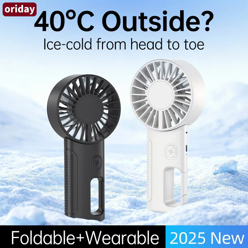 Oriday Handheld Fan, 4-speed precise wind control, silent 6-blade magnetic motor, wearable around the neck, handheld or attachable to bags, 142g lightweight, foldable, 2000mAh battery.
