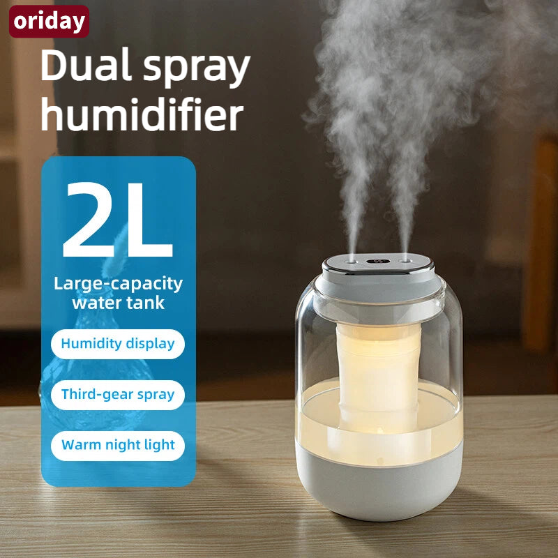Oriday Dual Mist Humidifier | 2L Large Capacity, USB Portable + Ambient Light | Ideal Humidifying Gift for Home, Office, Pregnant Women & Babies