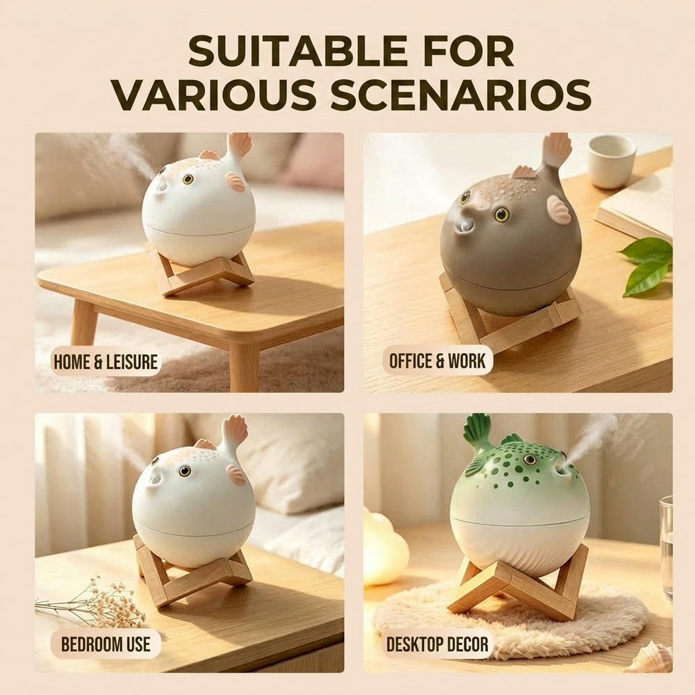 Oriday Cute Pufferfish Humidifier with 7-Color Night Light | 260ml Large Capacity・Dual Fine Mist Modes・Quiet Operation・USB‑C Powered | Bedroom, Office and Desktop Décor