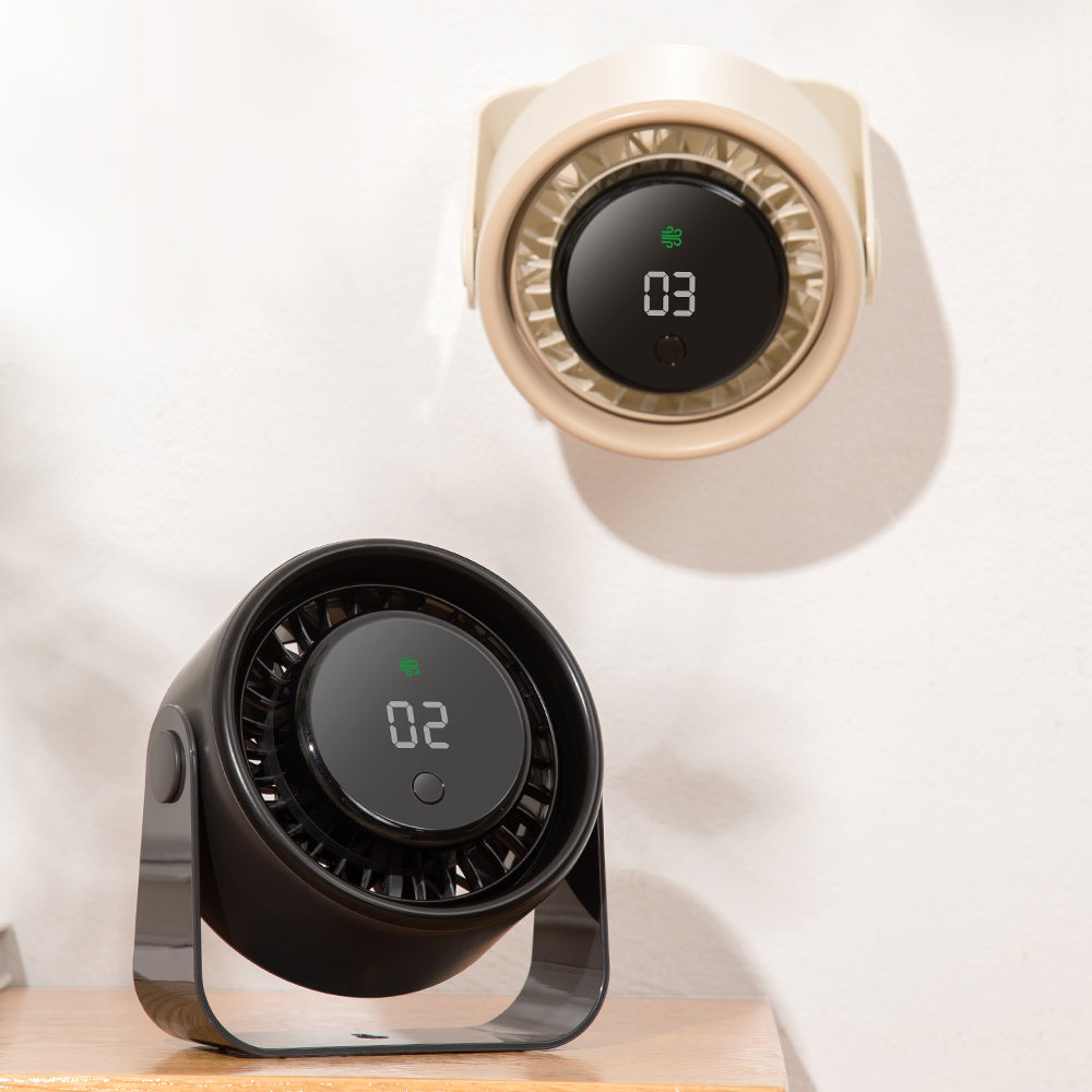 Oriday【夏日消暑神器】掛牆桌面兩用風扇 | 3000mAh長續航充電式 | 無刷靜音+LED數顯 | 露營/辦公室必備 | 香港現貨 杏色/黑色可選