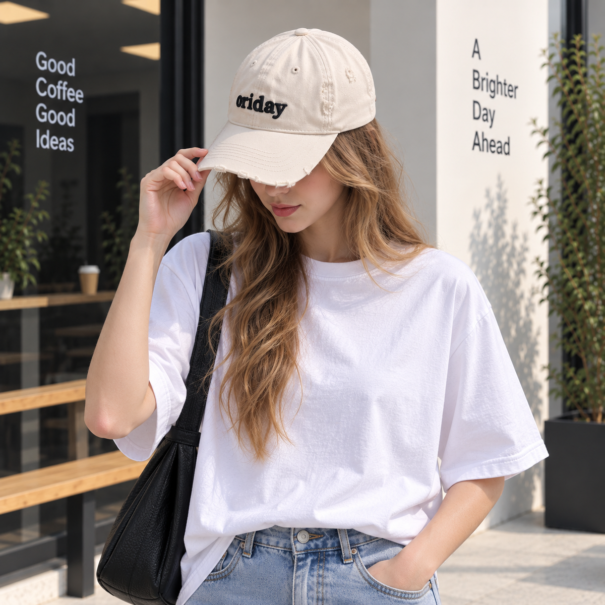 ORIDAY Washed Distressed Baseball Cap | Light Gray Beige · Black 3D Letter Embroidery · Soft Unstructured Crown · Adjustable Back Strap with Metal Buckle | Casual Everyday Style