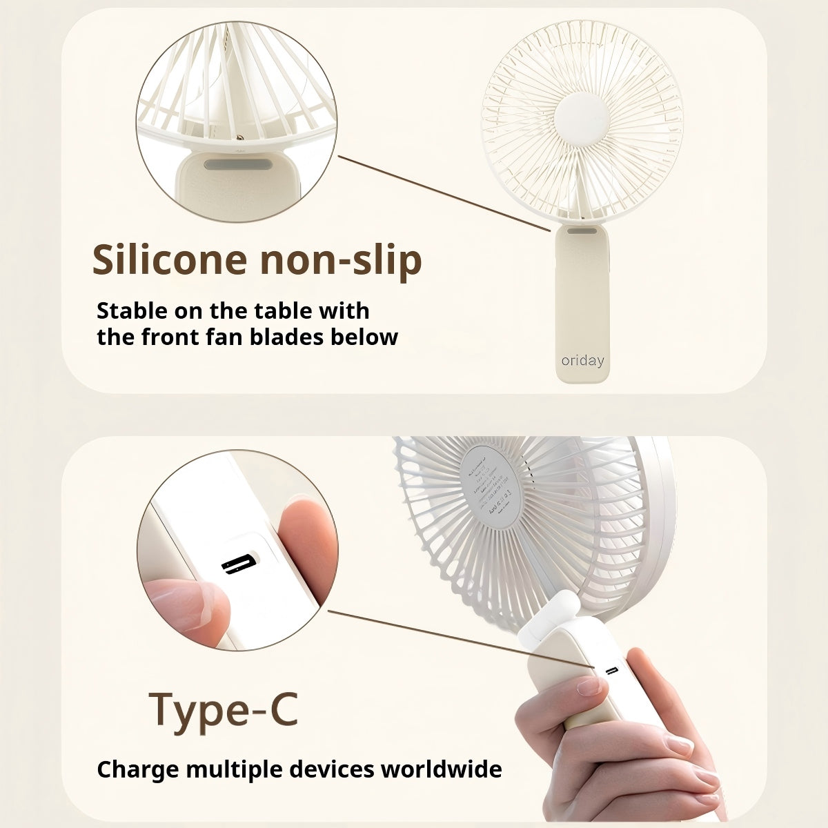 Oriday Multifunctional Handheld Fan, foldable with desk fan, 4-speed wind adjustment, quiet, 3600mAh long-lasting battery, Type-C fast charging, 3-in-1 use (handheld, wall-mounted, or desk fan)
