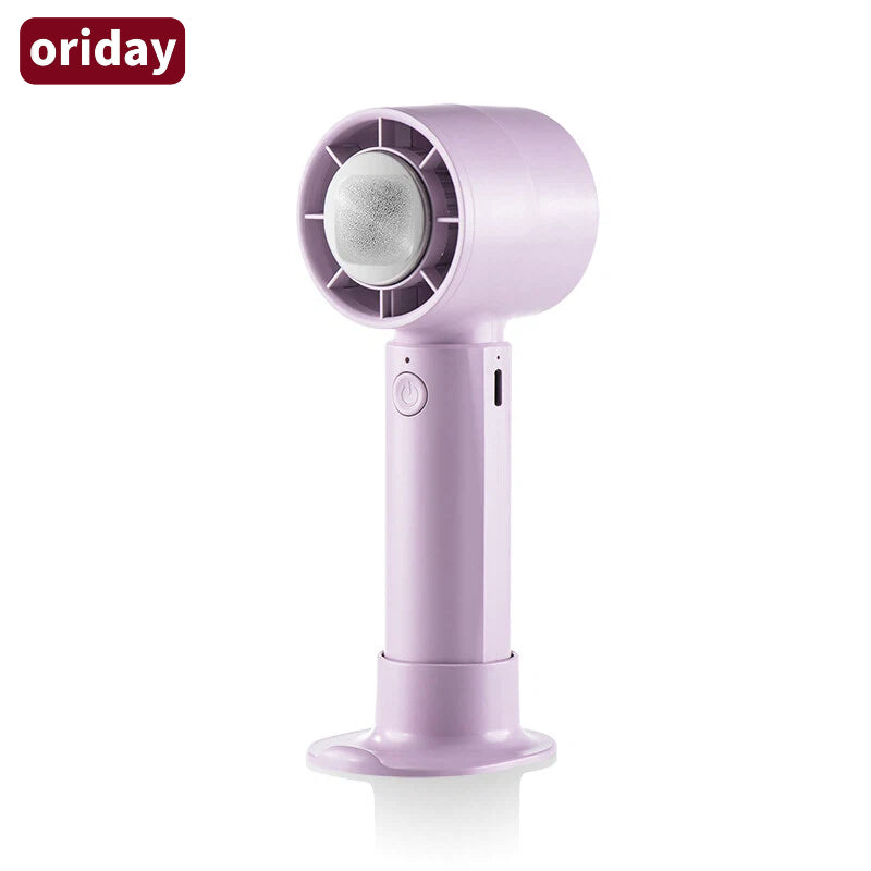 Oriday portable cooling fan with ultra-fast cooling in 3 seconds, dual cooling effect with ice packs, 3 speed levels, portable and stand-up phone holder, Type-C fast charging, long battery life, essential for outdoor activities and commuting.
