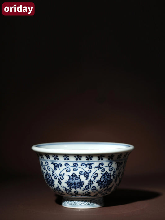 Oriday Yongle Blue and White Weighted Tea Cup   Hand-painted Vintage Host Cup with Entwined Lotus Pattern   Recommended Chinese Tea Set
