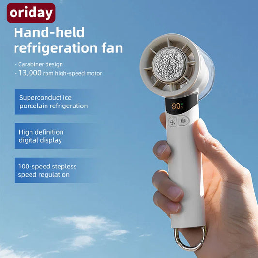 Oriday 高速手持小風扇｜100檔無刷強風・USB充電長續航・便攜登山扣設計・學生／辦公室／戶外適用