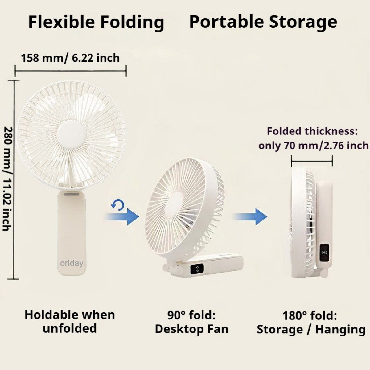 Oriday Multifunctional Handheld Fan, foldable with desk fan, 4-speed wind adjustment, quiet, 3600mAh long-lasting battery, Type-C fast charging, 3-in-1 use (handheld, wall-mounted, or desk fan)
