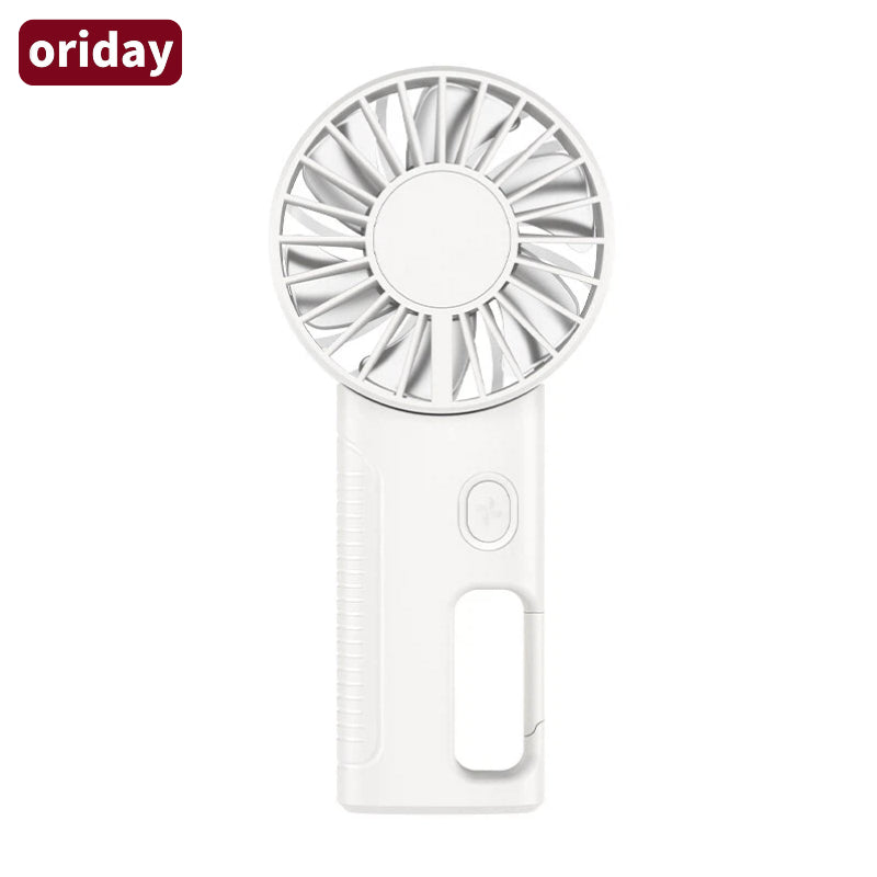 Oriday Handheld Fan, 4-speed precise wind control, silent 6-blade magnetic motor, wearable around the neck, handheld or attachable to bags, 142g lightweight, foldable, 2000mAh battery.
